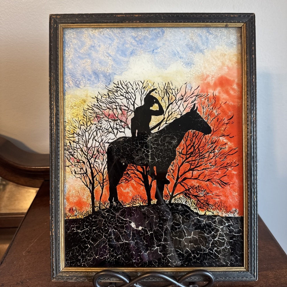 13"x10" Antique Reverse Glass Silhouette Native American Indian Sunset Framed